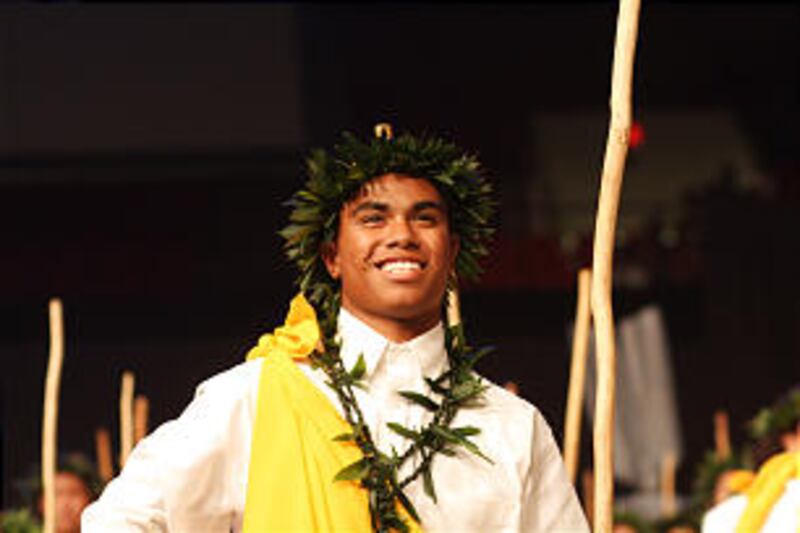 Young man from Makakilo Hawaii Stake perform a scene dedicated to Hewahewa, who abolished ancient sy