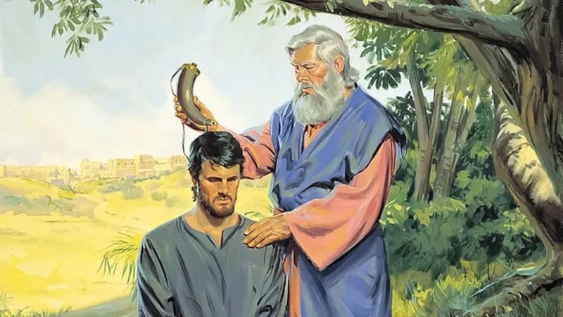 "Illustration of Samuel Anointing Saul" is by P. Mann.