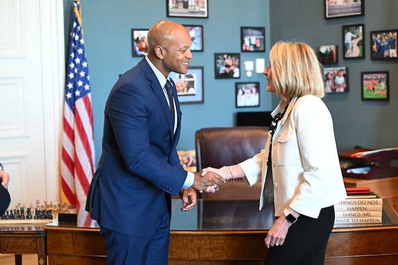 President Camille N. Johnson greets Maryland Governor Wes Moore in his office in Annapolis, Maryland, on Friday, May 15, 2026.