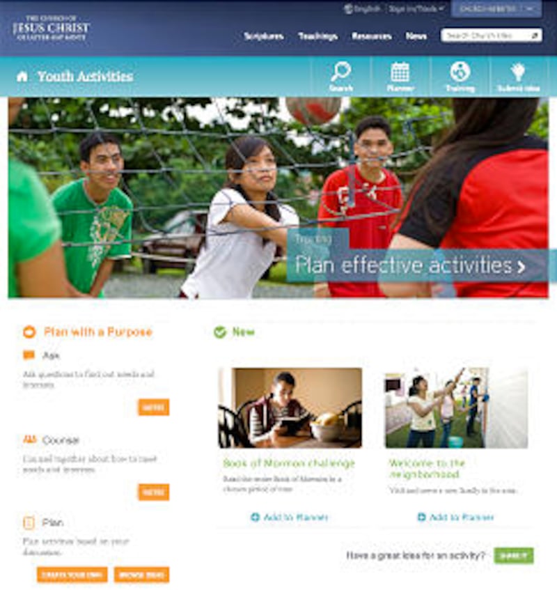 The main web page for the new youth activity website.
