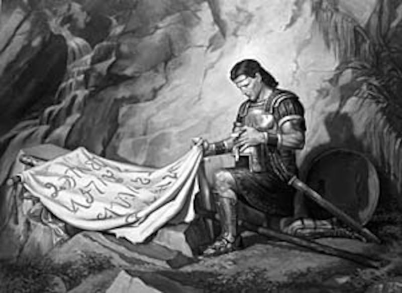 As depicted by Scott M. Snow, in "For the Blessings of Liberty," Captain Moroni pauses to pray over