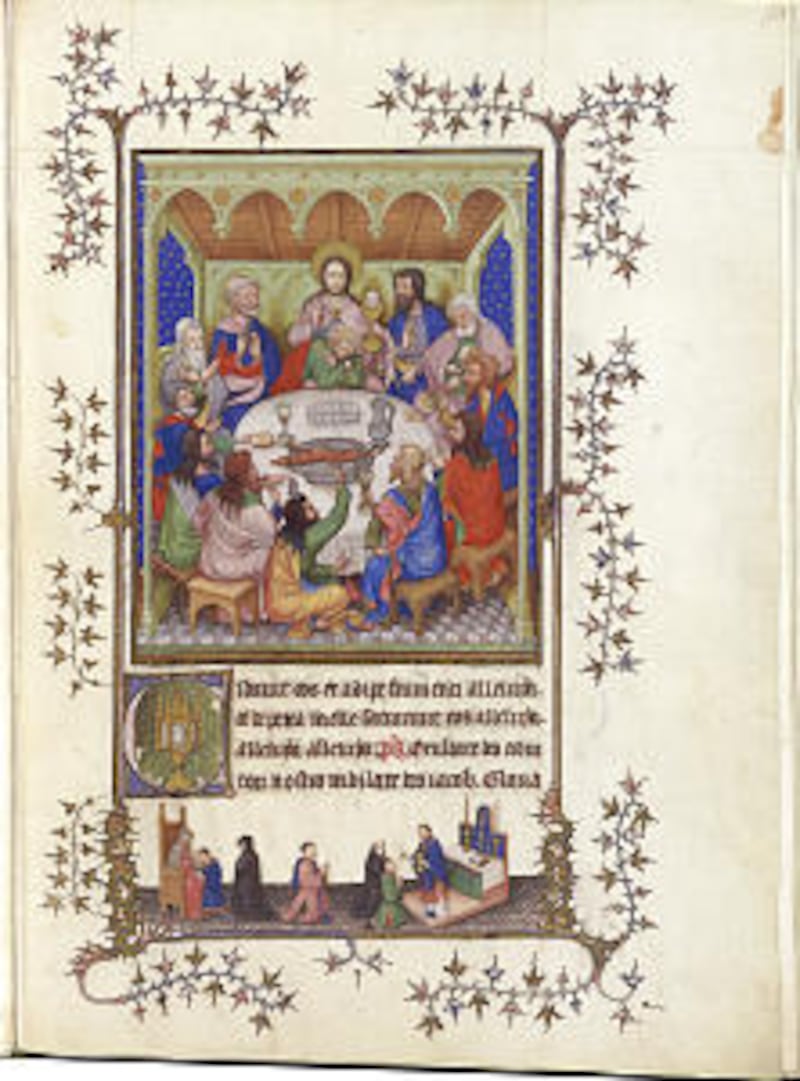 An illuminated manuscript facsimile from a 14th-century book depicting the Last Supper demontrates t