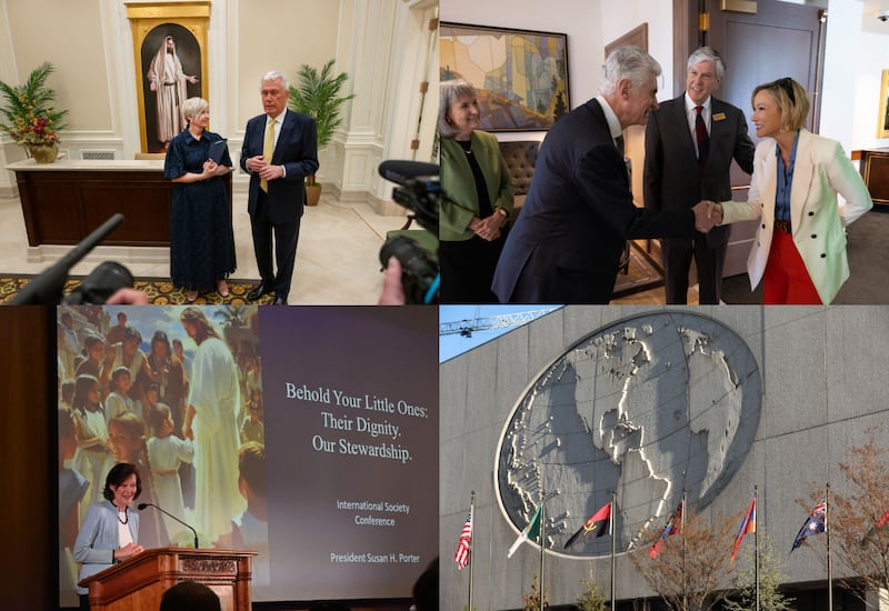 Clockwise from top left: Young Women General President Emily Belle Freeman and President Dieter F. Uchtdorf, acting president of the Quorum of the Twelve Apostles, talk with media members during a tour of the Temple Square Visitors' Center on Monday, April 13, 2026; White House Senior Faith Adviser Paula White-Cain, right, meets with Elder Gérald Caussé of the Quorum of the Twelve Apostles during a visit to Salt Lake City on Friday, April 10, 2026; Nations flags are raised in the plaza at the Church Office Building and Administration Building in Salt Lake City on Wednesday, April 3, 2024; President Susan H. Porter, Primary general president, speaks at the 36th annual International Society Conference held in Provo, Utah, on Monday, April 6, 2026.