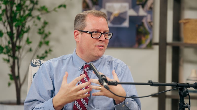 Matthew Grey, a professor of ancient scripture and coordinator of Ancient Near Eastern studies at Brigham Young University, speaks during the filming of a Church News podcast episode released Tuesday, March 24, 2026.