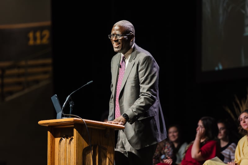 Elder Peter M. Johnson, a General Authority Seventy, speaks during a "100 years of institute" commemorative devotional held in the ICCU Arena on the University of Idaho campus in Moscow, Idaho, on Saturday, Sept. 26, 2026.