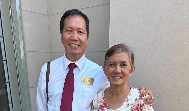 William and Llywyllyn Hernaez pose for a picture after the temple dedication in Davao, Philippines, on Sunday, May 3, 2026.
