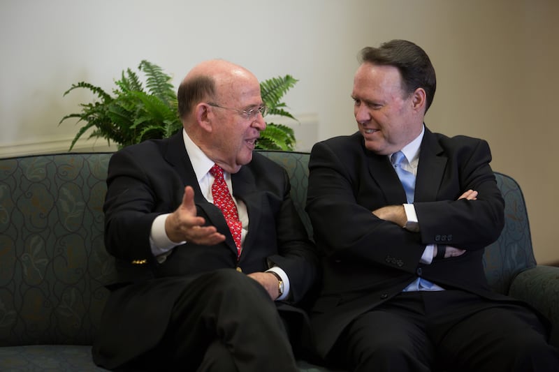 Former New York Attorney General Robert Abrams visits with Elder David L. Buckner of the Seventy at the Humanitarian Center March 13, 2018.