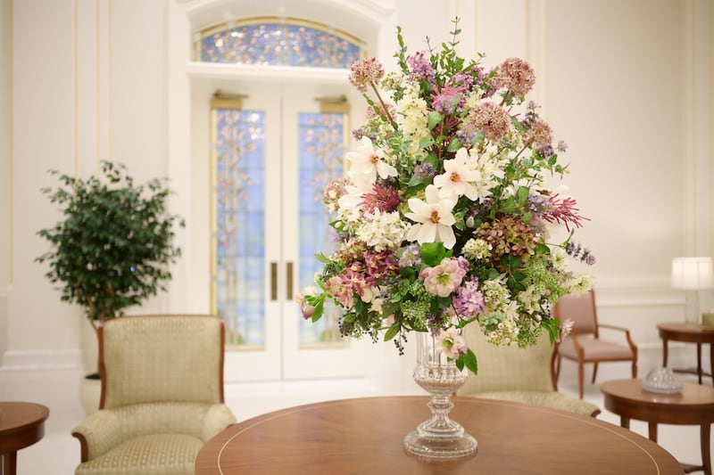 A floral display in the Willamette Valley Oregon Temple.
