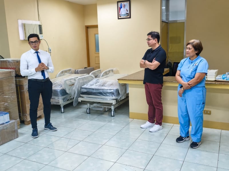 A stake president and two hospital staff during the official donation of medical equipment in San Pablo City, Philippines, Sept. 2, 2026.