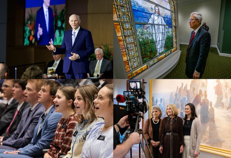 Clockwise from top left: Elder Dale G. Renlund of the Quorum of the Twelve Apostles speaks at the 2026 Seminar for New Mission Leaders on Saturday, June 20, 2026, at the Provo Missionary Training Center in Provo, Utah; Elder Gerrit W. Gong of the Quorum of the Twelve Apostles looks at an 1896 Tiffany art-glass panel depicting Jesus Christ in the Nauvoo Visitors' Center on Friday, June 26, 2026; Relief Society General President Camille N. Johnson, center, and her counselors, Sister J. Anette Dennis, left, and Sister Kristin M. Yee, right, film the Relief Society worldwide devotional in the Conference Center in Salt Lake City on Monday, Dec. 8, 2025; Missionaries sing during a devotional at the Provo Missionary Training Center in Provo, Utah, on Tuesday, March 10, 2026.
