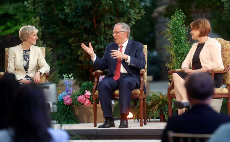 Relief Society General President Jean B. Bingham, Elder Neil L. Andersen of the Quorum of the Twelve Apostles, and Sister Sharon Eubank, first counselor in the Relief Society general presidency, film a Face to Face event for single adults age 31 and older on the Logan Utah Temple grounds in Logan on Monday, June 7, 2021.
