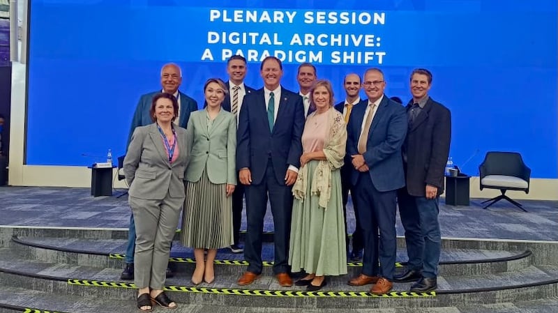 Elder Mark A. Bragg, General Authority Seventy, third from left on the front row, stands with representatives from FamilySearch International and from Kazakhstan during the III Congress of Archivists: Digital Archive Expo (DA-EXPO) held June 8-12, 2026, in Astana, Kazakhstan.