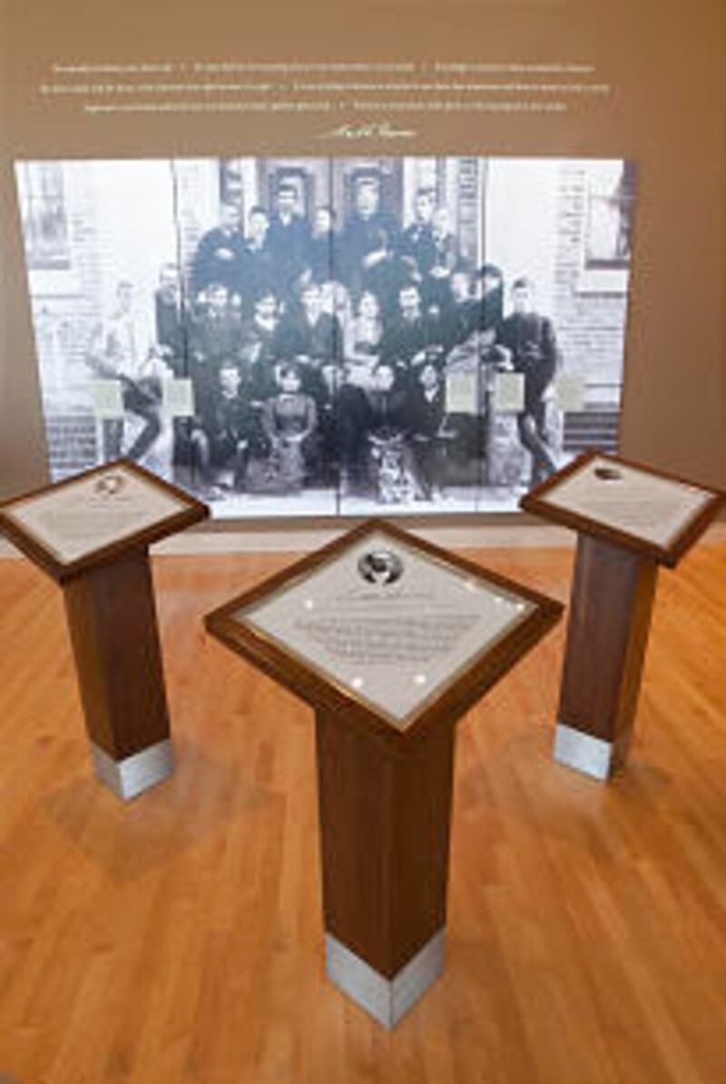 A display celebrating the early days of the Brigham Young Academy in Provo, Utah, includes memories