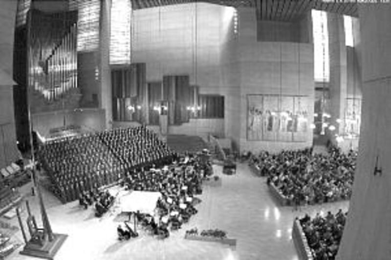 Choir and orchestra perform in the 11-story, 500,000-square-foot Cathedral of Our Lady of the Angels