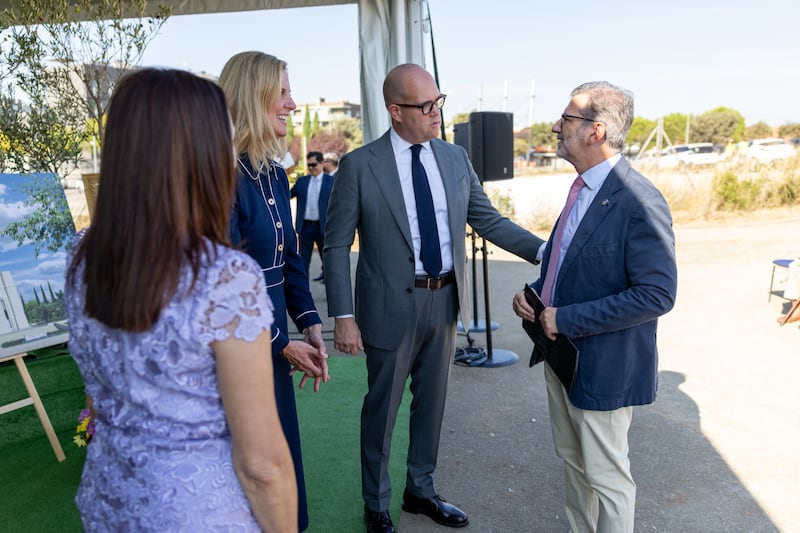 Elder James W. McConkie III — a General Authority Seventy and member of the Europe Central Area presidency — and his wife, Sister Laurel McConkie, center, talk with Josep Maria Vallès, the mayor of Sant Cugat del Vallès, right, at the groundbreaking of the Barcelona Spain Temple on Saturday, Sept. 19, 2026, in Barcelona, Catalonia, Spain.