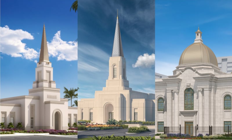 Exterior renderings of the Eket Nigeria, Calabar Nigeria and Viña del Mar Chile temples.