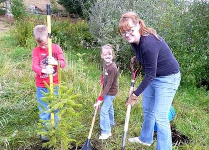 Family plants tree in Redmond, Washington.