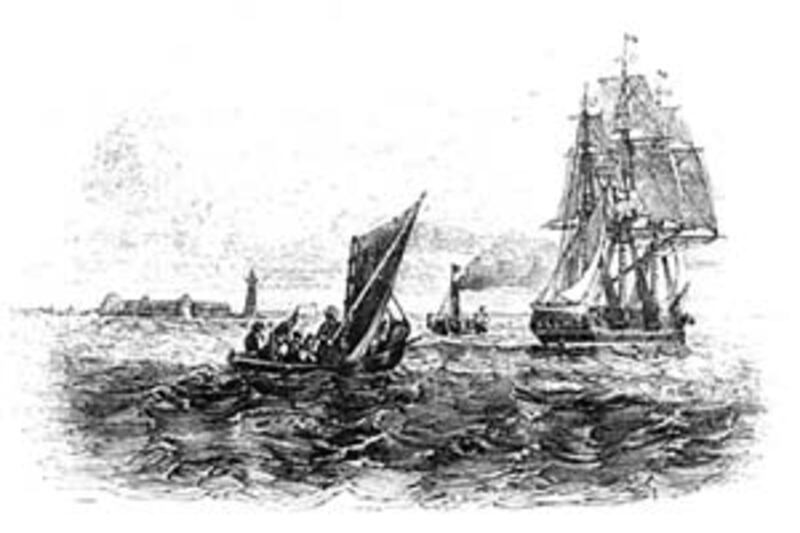 Artistic rendering by Frederick Piercy depicts emigrant ship leaving Liverpool, England, the departu