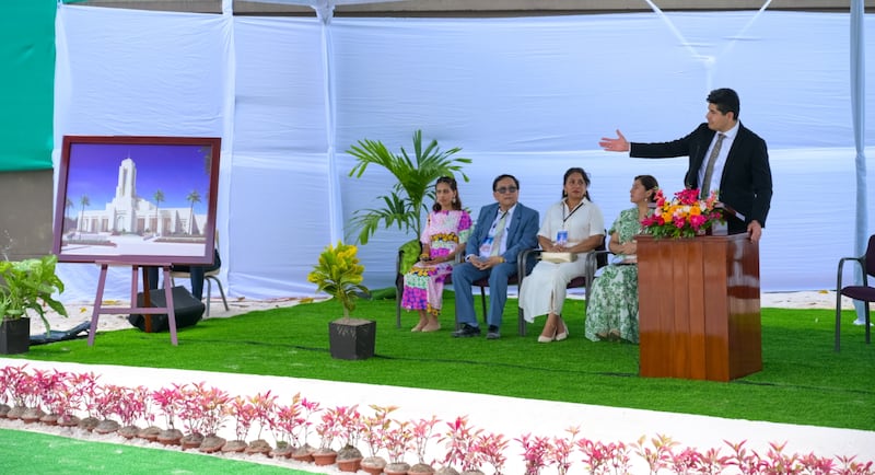 Elder Sandino Román speaks during the groundbreaking ceremony for the Iquitos Peru Temple.