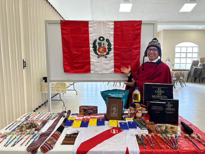 A member of the Samborondón Ecuador Stake stands ready to teach Primary children about Peruvian customs at the stake's mini missionary training center activity in Guayaquil, Ecuador, Feb. 21, 2026.