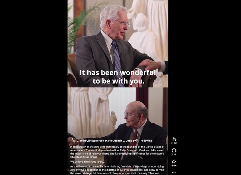 In a social media post on May 31, 2026, President D. Todd Christofferson, second counselor in the First Presidency, and Elder Quentin L. Cook of the Quorum Apostles discussed religious liberty together in a special video for the Sunday school curriculum.