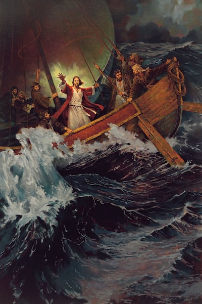 Jesus calms and stills the storm on the Sea of Gailiee in a painting by Ted Henninger