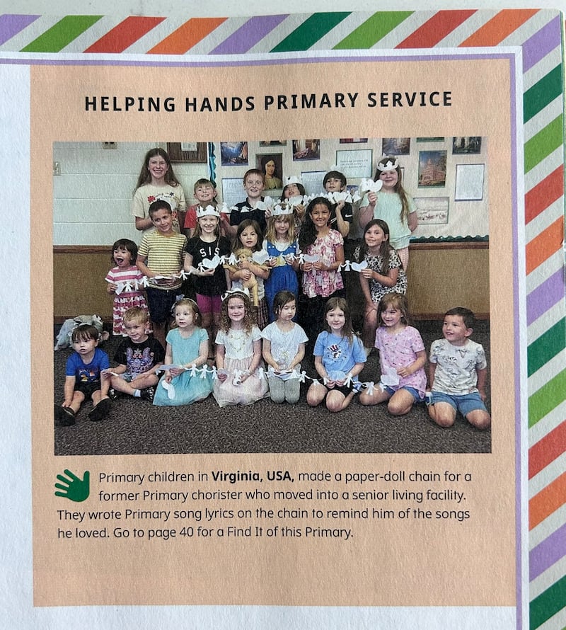 The October 2026 Friend magazine shows Primary children who made a paper chain for their Primary chorister as part of a Primary service project.
