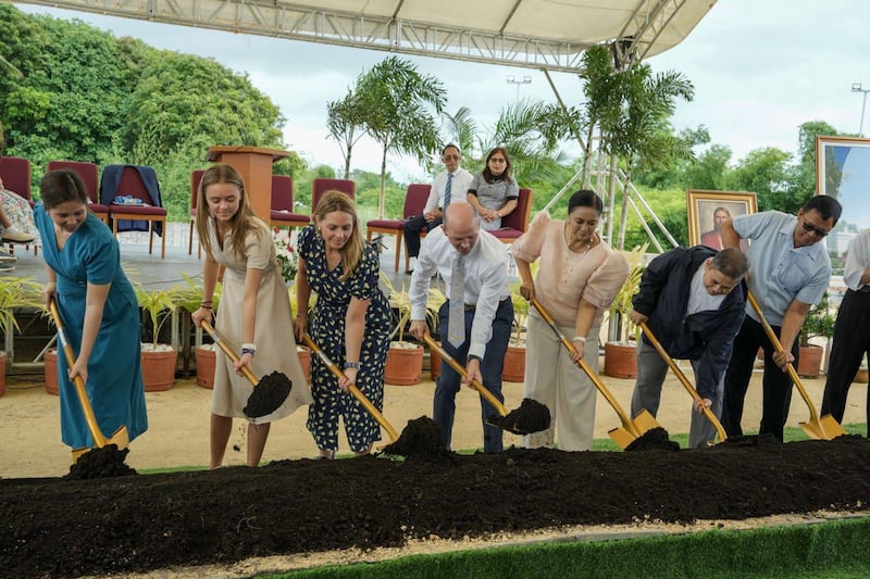 Elder Steven D. Shumway — a General Authority Seventy and member of the Philippines Area presidency, fourth from left — and his wife, Sister Heidi Shumway, third from left, are joined by Naga City Mayor Maria Leonor “Leni” Robredo, fifth from left, and other guests to break ground for the Naga Philippines Temple on Aug. 8, 2026, in Naga City, Philippines.