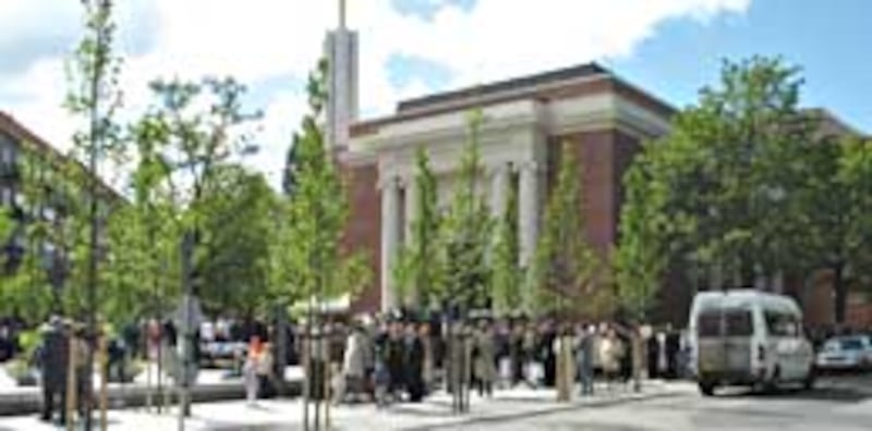 Members gather outside Copenhagen Denmark Temple after concluding dedicatory session. Some 3,400 members from throughout Denmark, Iceland and the southern portion of Sweden attended the sacred event. Missionaries first arrived in Denmark more than a century and a half ago.