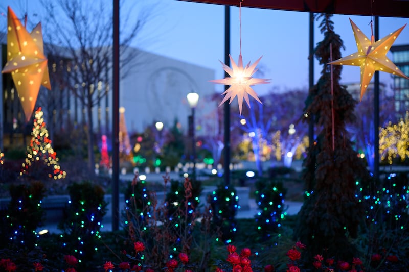 Christmas lights and decorations displayed at Temple Square in Salt Lake City, Utah, on Monday, Nov. 24, 2025.