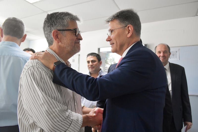 Bishop Sean Douglas, second counselor in the Presiding Bishopric, shakes hands with a hospital official after the Church donated medical equipment to a hospital in Belén de Escobar, Buenos Aires Province, Argentina, on Feb. 14, 2026.