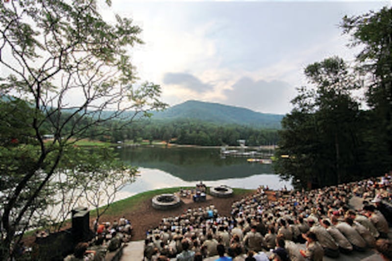 Scores of LDS Scouts gather at Stewart Amphitheater along the the banks of Lake Toccoa for a scenic