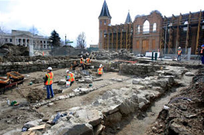Workers uncover the original Provo Tabernacle foundation Thursday, Feb. 16, 2012. Students from BYU