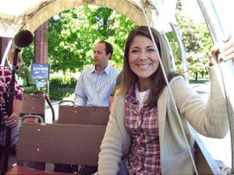 Shaunna Thompson, host of the BYU Television series "Road to Zion," takes wagon ride in historic Nau