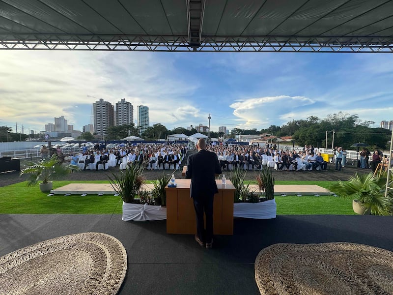 Elder Ciro Schmeil — a General Authority Seventy and first counselor in the Brazil Area presidency — speaks at the groundbreaking ceremony of the Teresina Brazil Temple on Saturday, April 18, 2026, in Teresina, Brazil.
