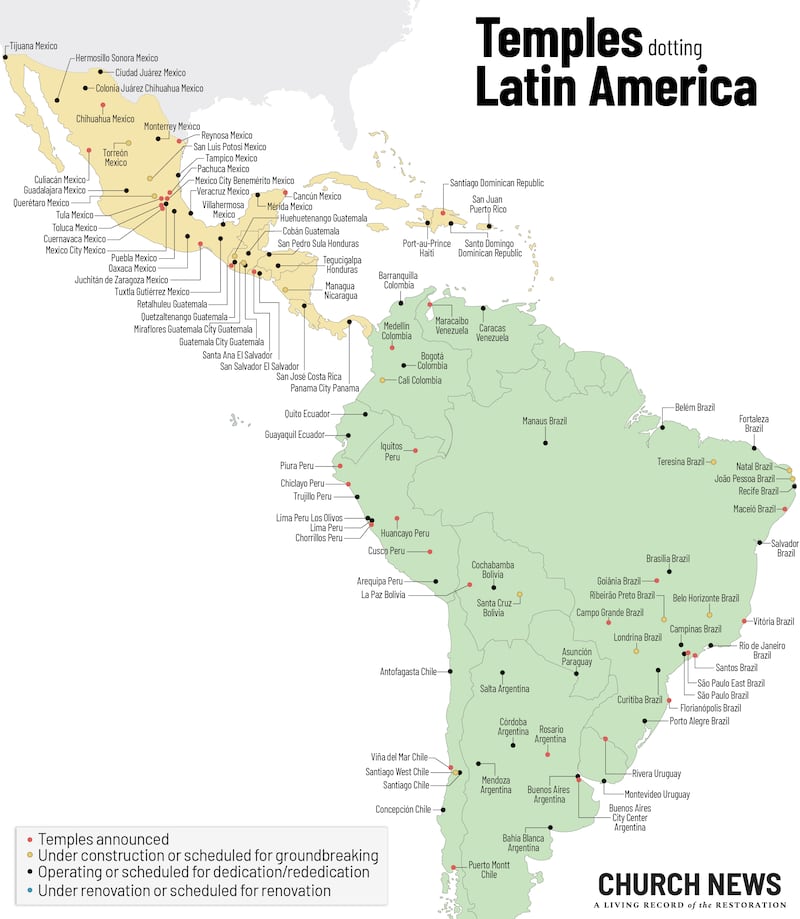 Map shows locations and statuses of temples of The Church of Jesus Christ of Latter-day Saints in Mexico, Central America, the Caribbean and South America as of March 2026.