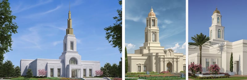 From left to right: An exterior rendering of the Colorado Springs Colorado Temple; Architectural renderings of the San Luis Potosí Mexico Temple, left, and Torreón Mexico Temple, right.