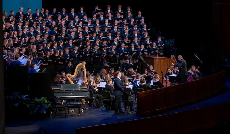 BYU-Idaho concert choirs perform a song titled "One by One" with lyrics written by Elder David A. Bednar of the Quorum of the Twelve Apostles, during a devotional held in the BYU–I Center in Rexburg, Idaho, on Thursday, Oct. 8, 2026.