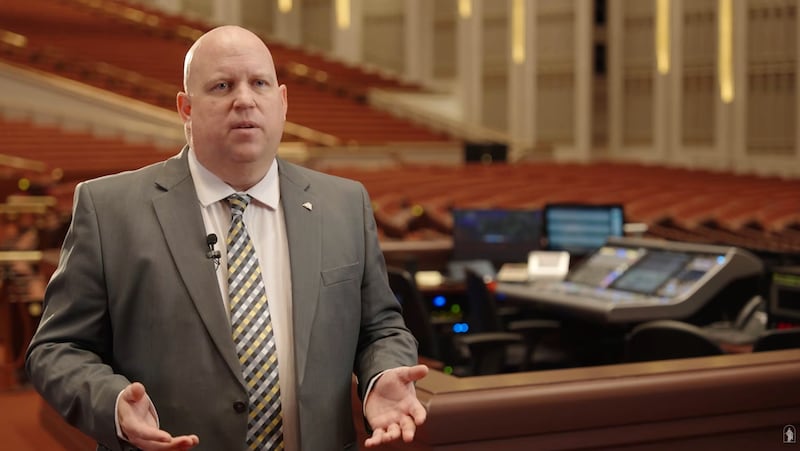 Aaron Kobel, an audio engineer for the Church, is featured in a new Church video about the behind-the-scenes work of audio and light technicians before general conference.