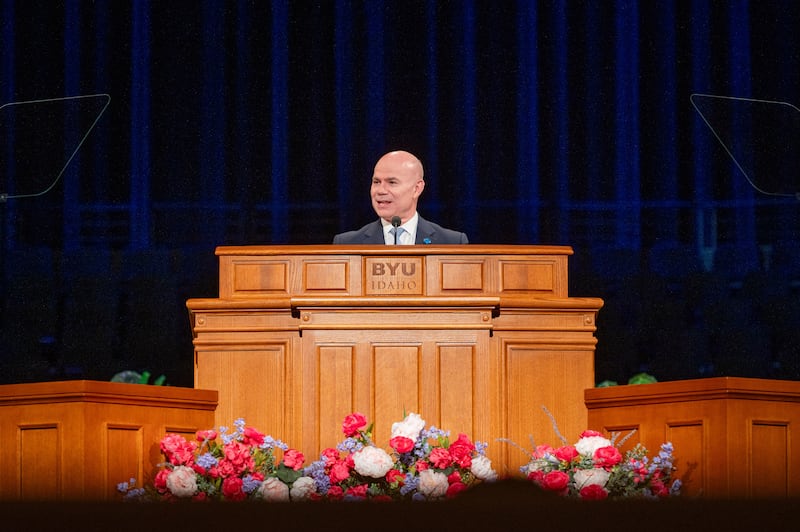 Brigham Young University–Idaho President Alvin F. Meredith III speaks in a campus devotional on Tuesday, April 21, 2026, in Rexburg, Idaho.