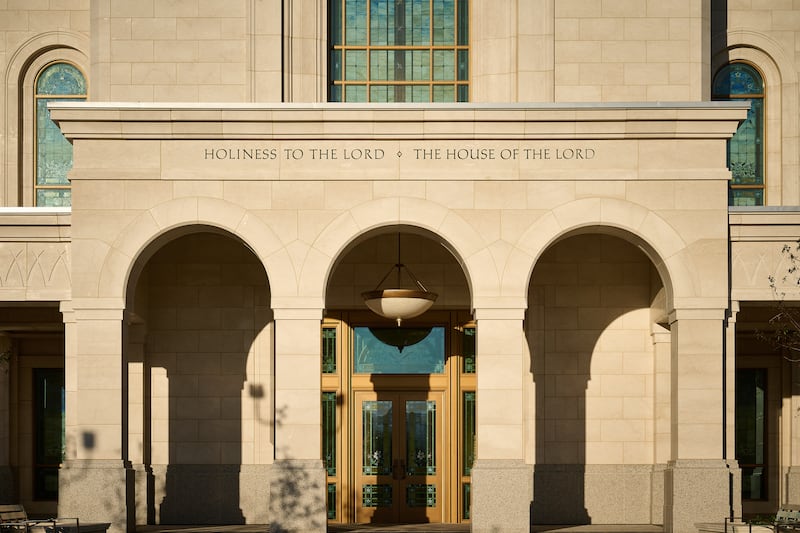 "Holiness to the Lord: The house of the Lord" is inscribed above the entrance to the Ephraim Utah Temple.