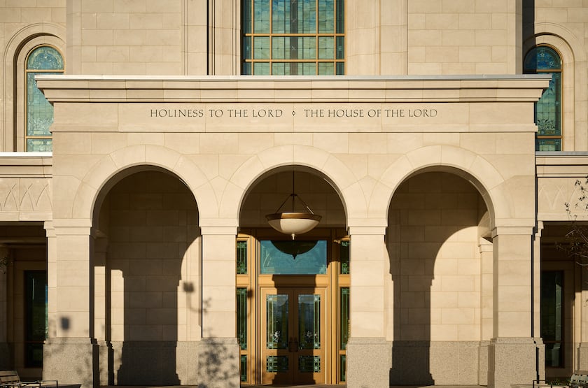 "Holiness to the Lord: The house of the Lord" is inscribed above the entrance to the Ephraim Utah Temple.