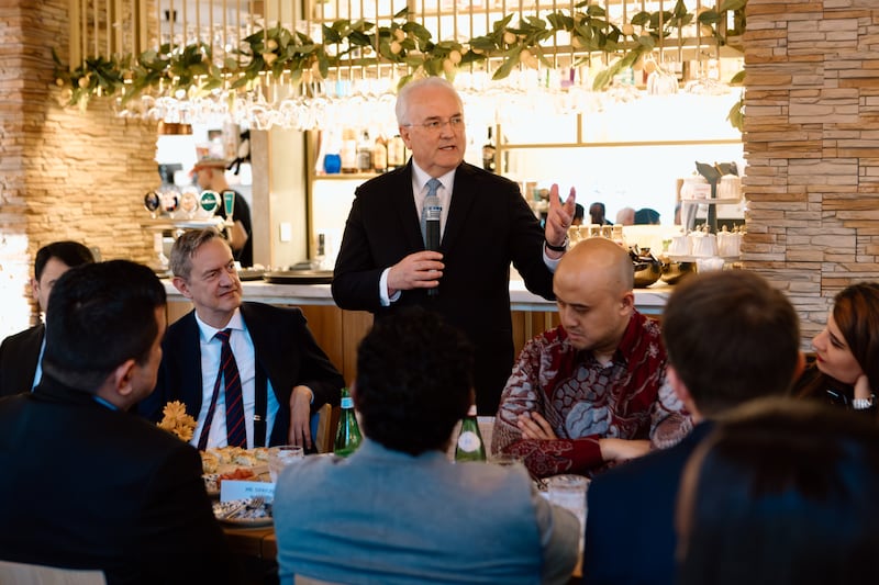 Elder Jack N. Gerard, a General Authority Seventy and First Counselor in the Europe Central Area Presidency, speaks with representatives of the humanitarian community on Wednesday, April 15, 2026, in Geneva, Switzerland.