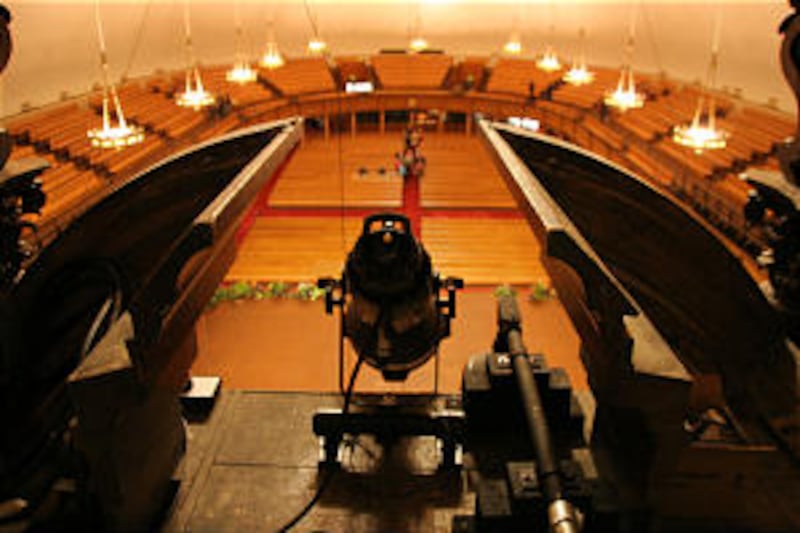 Newly renovated Salt Lake Tabernacle interior is seen from unusual vantage point within and near the