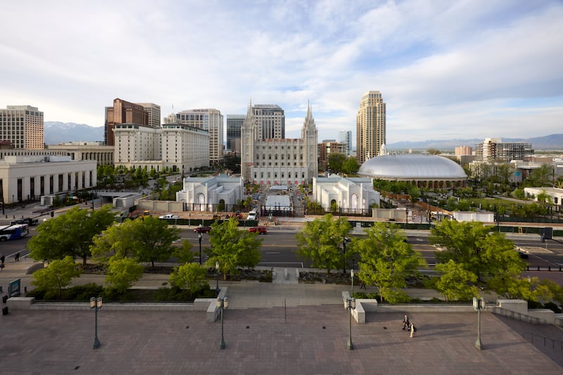 Overview of construction on Temple Square in Salt Lake City on Tuesday, April 21, 2026.