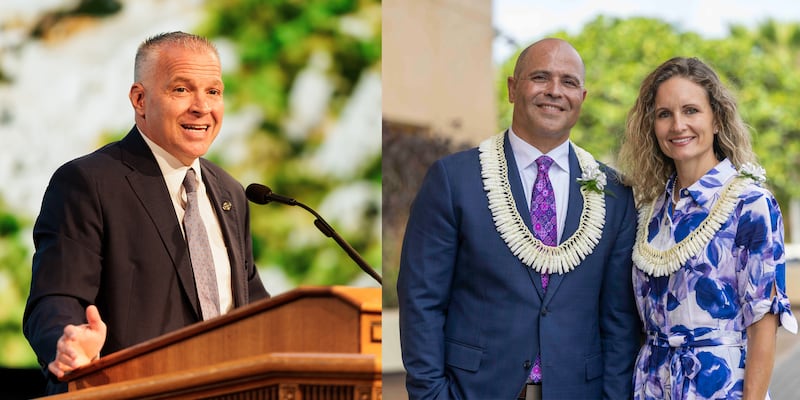 BYU President C. Shane Reese, left, speaks during the opening devotional for fall semester in the Marriott Center in Provo, Utah, on Tuesday, Sept. 8, 2026. BYU–Hawaii President John S.K. Kauwe III and his wife, Sister Monica Kauwe, right, pause for a photo prior to speaking together during the opening devotional of fall semester on Tuesday, Sept. 8, 2026.