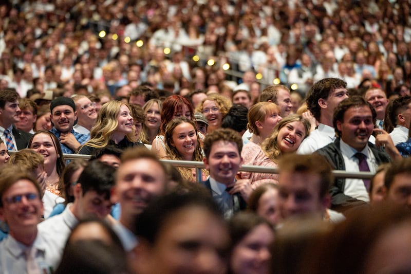 BYU-Idaho students gather to the I-Center on the Rexburg, Idaho, campus for a devotional with Elder David A. Bednar of the Quorum of the Twelve Apostles and his wife, Sister Susan Bednar, on Thursday, Oct. 8, 2026.