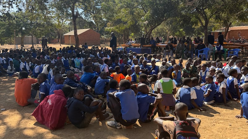 Students attend the handover ceremony of newly constructed classroom blocks at Magwero Primary School in Lilongwe District, Malawi, June 19, 2026.