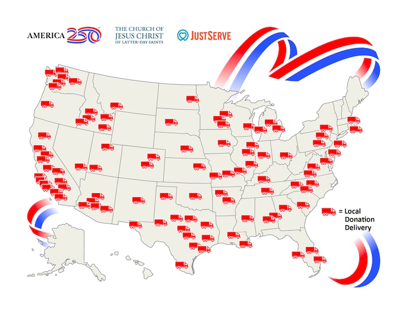 An illustration from The Church of Jesus Christ of Latter-day Saints shows multiple donations — by the truckload — made across the United States as of May 2026.