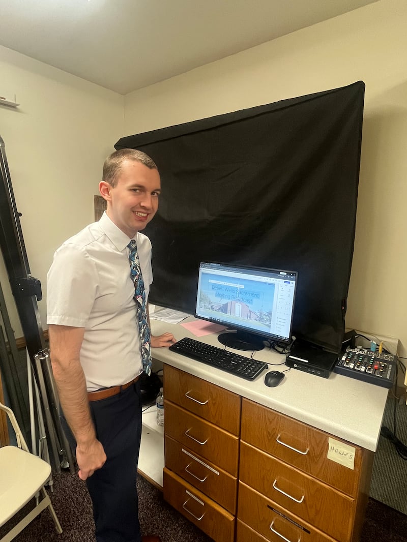 Chase Ward starts the sacrament meeting broadcast for the Desert Wells Ward in the Queen Creek Arizona Central Stake on March 8, 2026. Ward has served as the ward assistant technology specialist for four and half years.